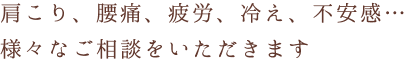 肩こり、腰痛、疲労、冷え、不安感…様々なご相談をいただきます